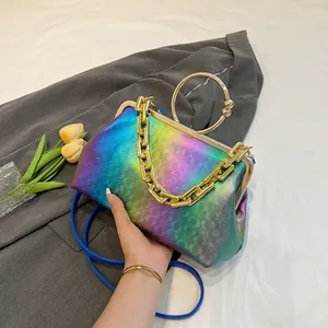 Women's Retro PU Leather Shell Bag Gradient Color Geometric Texture Gold Circle Handle Metal Chain Crossbody Shoulder Bag Party Handbag