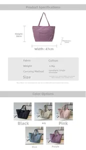 Detailed size chart and multi-color options for the large capacity nylon tote bag