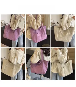Detailed views of purple and beige nylon tote bags shown on a model from various angles