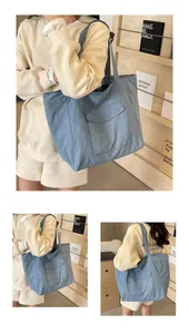 Detailed views of a blue nylon tote bag with front pocket and large capacity for commuting
