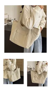 Detail of a beige nylon tote bag with front flap pocket for daily commute and casual use