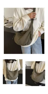 Vues multiples d'un sac demi-lune en nylon vert olive avec bandoulière réglable