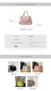 Detailed size specifications and color options for the canvas tote bag with embroidery