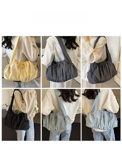 Collage of models wearing pleated tote bags in yellow, dark grey, black, and light blue