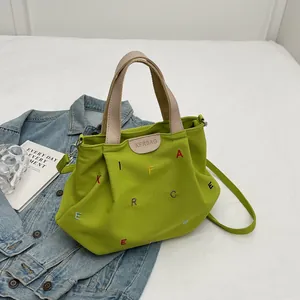 Women Canvas Tote Bag Large Capacity Shoulder Crossbody Bag With Colorful Letter Embroidery Casual Daily Fashion Handbag