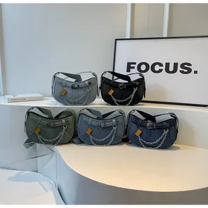 Vintage Denim Halbmond Umhängetasche Mit Metallkette Y2K Streetwear Umhängetasche Für Damen Lässige Mode Denim Tasche