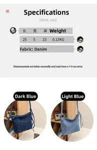 Detail showing vintage denim bucket bag dimensions 25x5x23cm and lightweight material