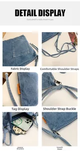 Detail shots of denim crossbody bag showing fabric texture, zipper, and adjustable strap