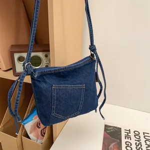 Vintage Denim Crossbody Bucket Bag For Women Retro Patchwork Lazy Style American Street Fashion Shoulder Bag With Zipper Closure Casual Daily Handbag
