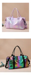 Detail of iridescent waterproof fitness bags in purple and holographic gradient textures