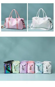 Detailed grid showing waterproof iridescent travel bags in pink, white, black, green and blue