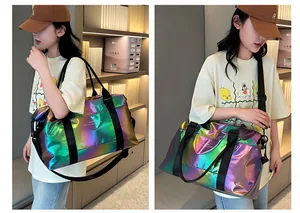 Detail of holographic iridescent travel bag with metallic luster and black straps