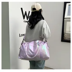 Detailed view of the lavender holographic waterproof gym bag with metallic finish