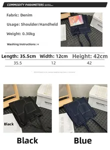 Detailed size chart and dimensions for large capacity denim canvas tote bag with pockets