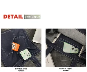 Detail of denim tote bag showing functional front pocket and secure internal zipper pocket