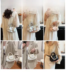 Detailed views of the pleated cloud bag in four colors with pearl handle and chain