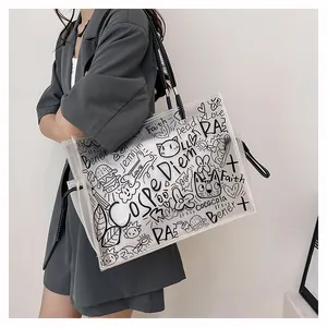Detail of transparent PVC tote bag with black graffiti prints and faux leather handles