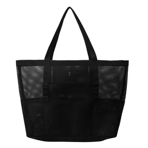 Bolso tote de malla negra minimalista de gran capacidad con correas anchas para fitness