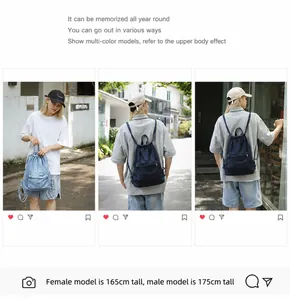 Sac à dos en denim avec cordon de serrage en bleu clair et foncé porté en voyage décontracté