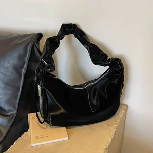2024 stylish black high-gloss pleated hobo bag with large capacity for women