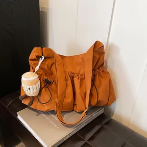 Large Capacity Women Nylon Shoulder Bag Pleated Drawstring Bucket Bag With Cute Coffee Cup Plush Charm Streetwear Crossbody Tote Bag