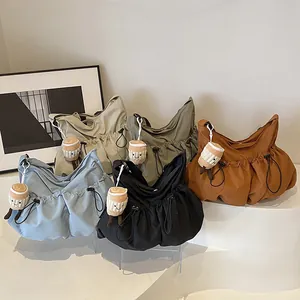 Casual large capacity drawstring bucket bag in five colors with cute coffee cup charm
