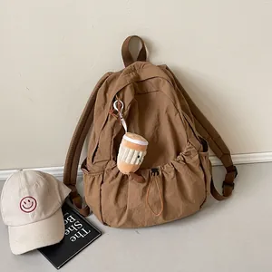 Women Casual Nylon Crinkled Backpack Large Capacity Drawstring School Bag With Plush Coffee Cup Pendant Lightweight Travel Daypack