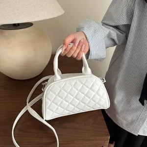 Women Quilted Rhombus PU Leather Boston Bag Elegant Stitching Crossbody Bag With Adjustable Strap Top Handle Handbag