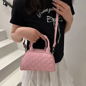 Pink quilted mini Boston handbag with detachable shoulder strap for women fashion