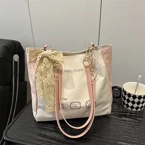 Women Large Capacity Tote Bag Canvas Synthetic Leather Lace Bow Cartoon Puppy Print Gold Chain Casual Shoulder Handbag