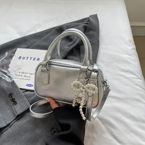 Women Fashion Boston Handbag PU Leather Artificial Pearl Bowknot Charm Crossbody Shoulder Bag Y2K Street Style Mini Square Box Bag