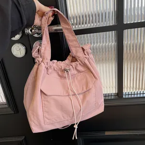 Sac Seau à Cordon en Nylon Minimaliste pour Femmes Grande Capacité Sac à Bandoulière Léger Sac à Main Décontracté