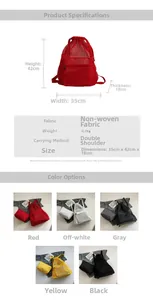 Mesh drawstring backpack details with size chart and five color options for sports use