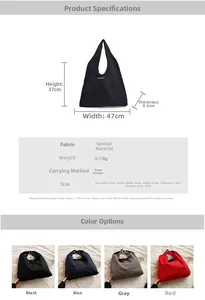Detailed chart showing lightweight nylon tote bag specs and four available colors