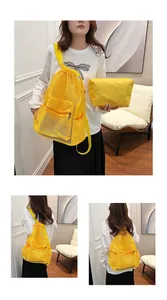 Detail of yellow mesh drawstring backpack and matching small pouch for fitness
