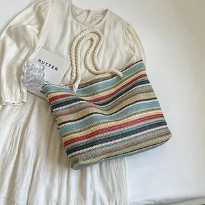 Ethnic style colorful striped straw woven tote bag with durable cotton rope handles
