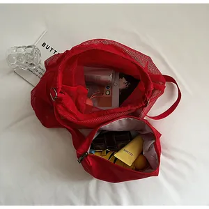Red mesh tote bag set with matching zippered pouch for storage and daily organization