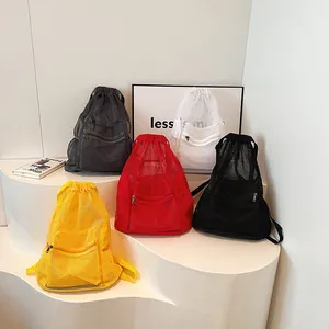 Multifunctional drawstring mesh backpack with breathable fabric and front zipper pocket