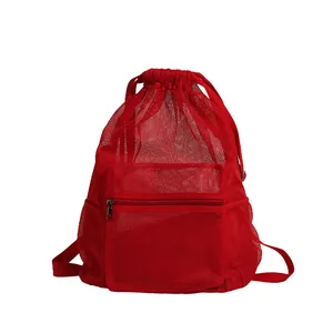 Red breathable mesh drawstring backpack with zipper front pocket and mesh side pouches