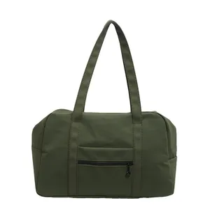 Olive green large capacity nylon tote bag with dual straps for travel and gym