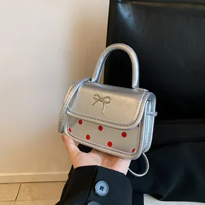 Women Fashion Mini PU Leather Crossbody Bag Sweet Polka Dot Small Square Bag With Metal Bow Decoration Versatile Shoulder Bag