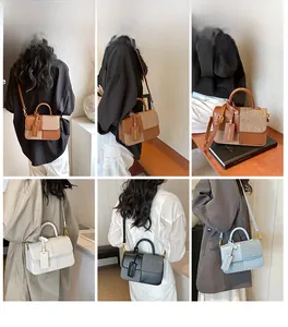 Collage of model wearing stylish patchwork crossbody bags in multiple elegant colors