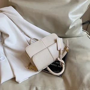 Fashionable beige patchwork top handle crossbody bag with woven texture for women