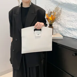 Bolsa para Computadora Portátil de Cuero PU Minimalista para Mujer Gran Capacidad Grano de Lichi Bolso de Mano de Negocios