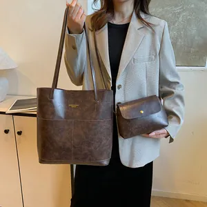 Women Minimalist Large Capacity PU Leather Tote And Small Bag Vintage Oil Wax Leather Shoulder Bag Fashion Underarm Bag