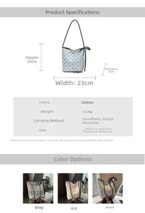 Tableau détaillé des sacs cabas à pois en gris, beige et vert avec dimensions