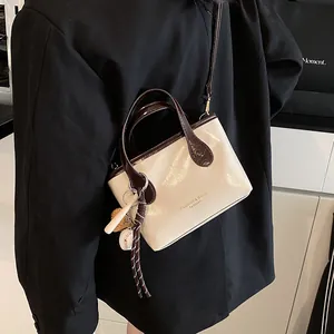 Women Fashion PU Leather Contrast Color Tote Bag With Baseball Charm Versatile Crossbody Small Handbag Casual Shoulder Bag