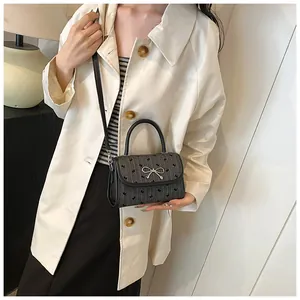Close-up of small grey square bag with black bow patterns and silver bow buckle detail