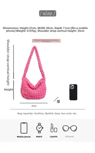 Size chart showing large pink puffer cloud bag dimensions and daily item storage capacity