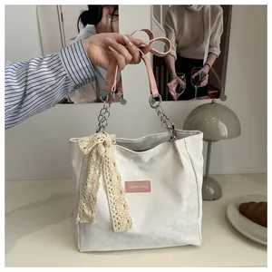 Detail of white tote bag with pink leather strap, silver chain, and lace bow accent